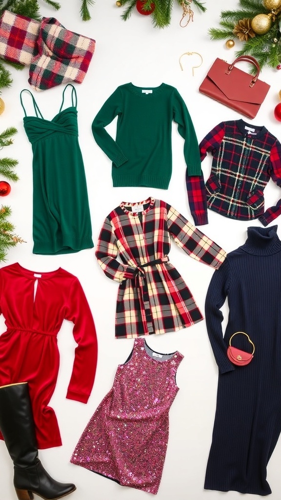 Flat lay of Christmas dress outfit ideas including dresses and accessories on a festive background.